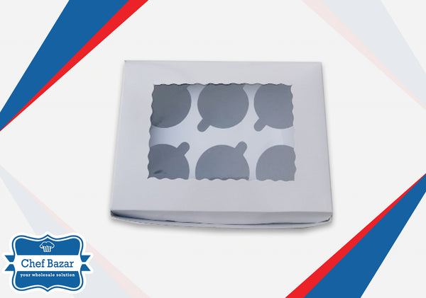 White Carboard Box for Cupcakes 6 Cavity (9x6.5x3 inches) - chefbazarco