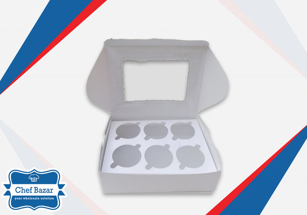 White Carboard Box for Cupcakes 6 Cavity (9x6.5x3 inches) - chefbazarco
