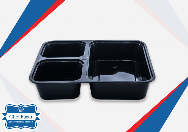 3-Compartment Black Base Plastic Container with Lid - chefbazarco