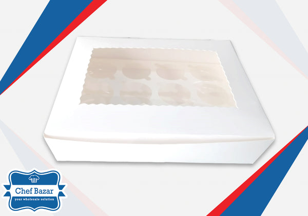 White Carboard Box for Cupcakes 12 Cavity (12x9x3 inches) - chefbazarco