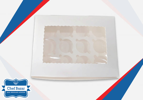 White Carboard Box for Cupcakes 12 Cavity (12x9x3 inches) - chefbazarco