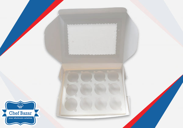 White Carboard Box for Cupcakes 12 Cavity (12x9x3 inches) - chefbazarco