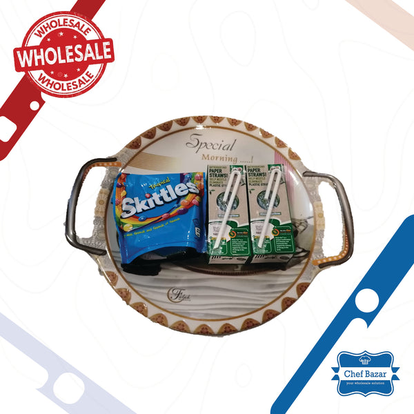 Fancy Round Printed Serving Tray with handles(12 inches ) - chefbazarco