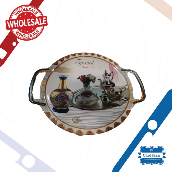 Fancy Round Printed Serving Tray with handles(12 inches ) - chefbazarco
