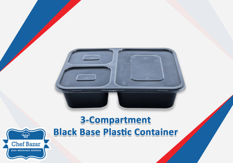 3-Compartment Black Base Plastic Container with Lid Pack of 2 - chefbazarco