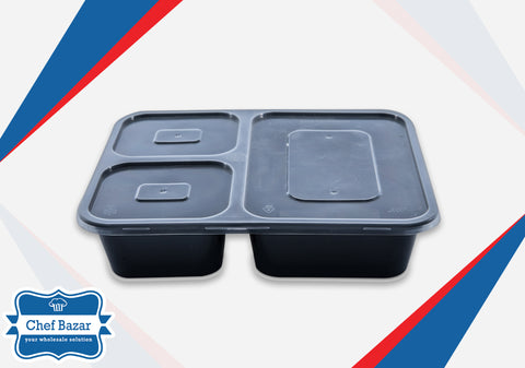 3-Compartment Black Base Plastic Container with Lid - chefbazarco