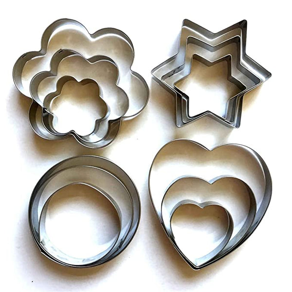 Cookie , Pastry & Fruit Cutters Stainless Steel Silver 12 Pieces Heart Star circle flower shape mould - chefbazarco